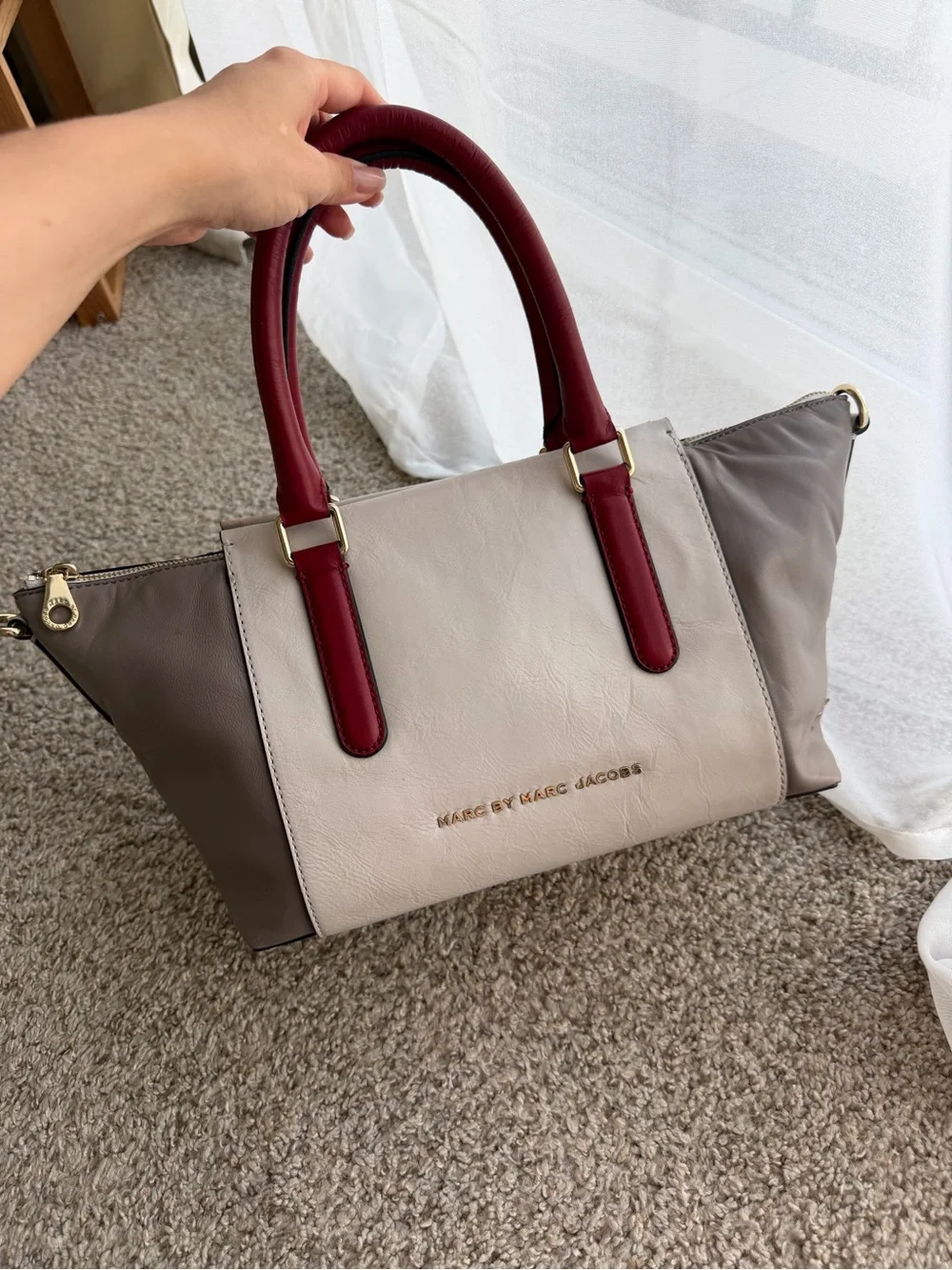 Marc by Marc Jacobs Colorblock Satchel Top Handle Bag Gray Beige Burgundy Zip